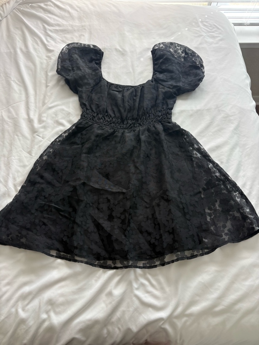 Altar'd State Black Floral Mesh Puff Sleeve Dress